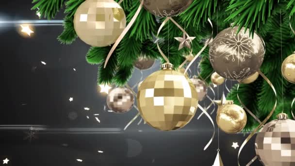Animación Árbol Navidad Bolas Oro Con Estrellas Que Caen Brillantes — Vídeos de Stock
