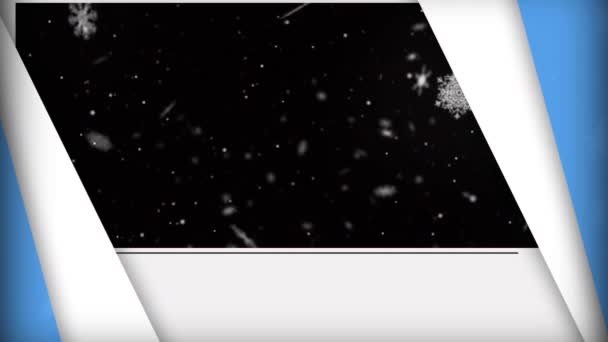 Анімація Синьо Білих Панелей Відкриваються Над Білими Сніжинками Плавають Чорному — стокове відео
