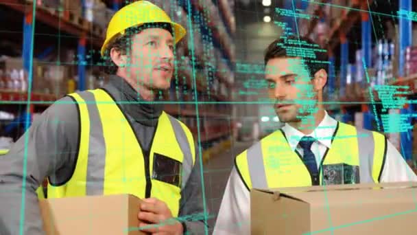 Animation Data Processing Diverse People Working Warehouse Global Shipping Delivery — Stock Video