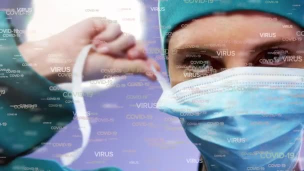 Animation Covid Text Surgeon Face Mask Global Covid Pandemic Healthcare — Stock Video