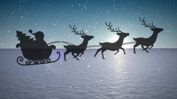 Animatie Van Kerstman Slee Met Rendieren Passeren Sneeuw Winterlandschap Kerstmis — Stockvideo