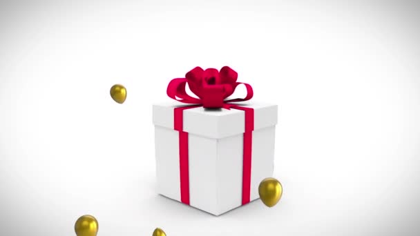 Animación Globos Oro Sobre Caja Regalo Abrió Liberación Texto Colorido — Vídeo de stock