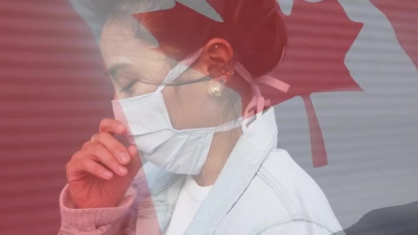 Animation Flag Canada Waving Woman Face Mask Global Covid Pandemic — Stock Video