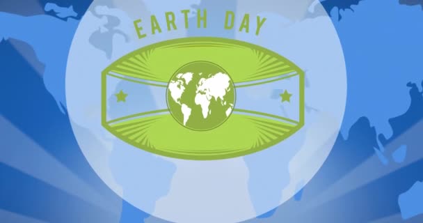 Animação Texto Dia Terra Logotipo Globo Sobre Mapa Mundo Azul — Vídeo de Stock