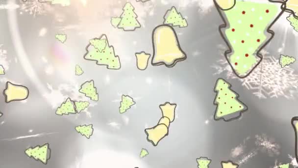 Animação Árvores Natal Verde Caindo Flocos Neve Sinos Amarelos Fundo — Vídeo de Stock