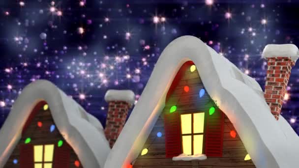 Анимация Снега Падающего Над Домами Волшебными Огнями Рождество Традиции Концепция — стоковое видео