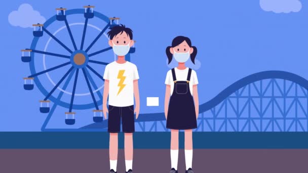 Анімація Хлопчика Дівчинки Масках Тримають Соціальну Відстань Глобальна Концепція Ковадла — стокове відео