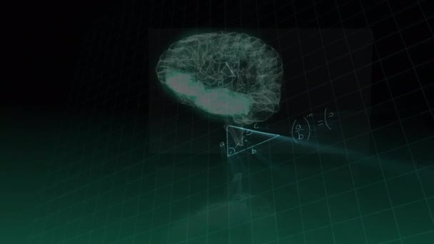 黒の背景に人間の脳のデジタルモデル上の数学方程式のアニメーション グローバル教育科学デジタルインターフェース技術の概念デジタルで生成されたビデオ — ストック動画