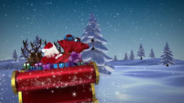 Animace Santa Clause Saních Vánočními Dárky Sněhem Padajícím Zimní Krajině — Stock video