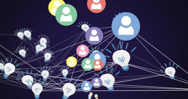 Mavi arkaplanda ampul simgesi ağına karşı yüzen birden fazla dijital simge. Sosyal medya ve ağ oluşturma kavramı
