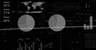 Finansal veri işleme görüntüsü ve siyah arkaplanda yüzen istatistik kaydı. Küresel finansman dijital olarak oluşturulan imaj