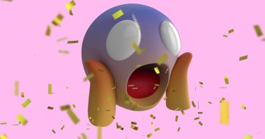 Pembe arka planda, düşen altın konfetiyle çığlık atan bir emoji simgesi.