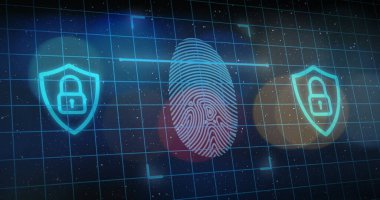 Arka planda dijital arayüz çevrimiçi güvenlik kilidi ve biyometrik parmak izi taraması. Küresel teknoloji veri güvenliği finansman iş konsepti dijital olarak oluşturulmuş görüntü.