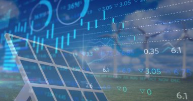 Güneş paneline karşı finansal veri işleme ve arka planda yel değirmeni. küresel finansman ve yenilenebilir enerji kavramı