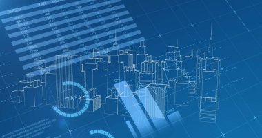 Arka plan sağdan sola hareket eden farklı grafikleri gösterirken, mavi ekranda dönen bir şehirdeki sanal binaların dijital görüntüsü