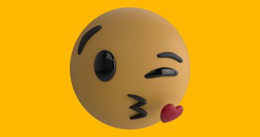 Düşen altın konfetiyle sarı arka planda kalp öpücüğü veren bir emoji ikonu görüntüsü