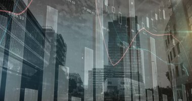 Arka plandaki yüksek binalar için finansal ve istatistiksel veri işleme. küresel finans ve iş kavramı