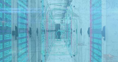 Bilgisayar sunucusuyla teknoloji odasında çevrimiçi güvenlik kilidi ve veri işleme resmi. dijital arayüz küresel bağlantı ve dijital olarak oluşturulan iletişim konsepti.