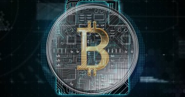 Dijital kilit oluşturan veri dosyalarıyla bir bitcoin 'in ön görünümü ve rastgele hareket eden dijital kodlar.