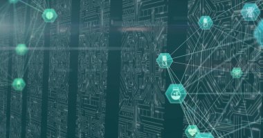 Dijital tıbbi simgelerin dijital görüntüsü birden fazla mikroişlemcinin üzerinde yeşil arka planda. Tıp araştırması bilim konsepti