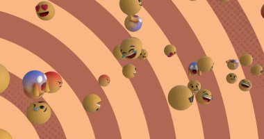 Dönen turuncu ve kahverengi çizgiler üzerinde yüzen çoklu emoji simgelerinin görüntüsü kusursuz döngü içinde hipnotik hareketler yapıyor. Tekrarlama soyut ve renk kavramı dijital olarak oluşturuldu.