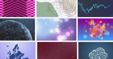 Çoklu kaydırma işi, eğlence ve teknoloji ekranlarının birleşik görüntüsü. küresel iletişim, iş dünyası, teknoloji ve eğlence, dijital arayüz kavramı dijital olarak oluşturulmuş görüntü.