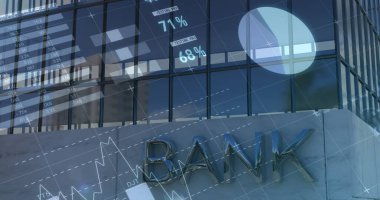 Modern banka binasının mali veri işleme görüntüsü. küresel finansman, iş ve bağlantı konsepti dijital olarak oluşturulmuş görüntü.