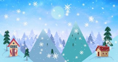 Köknar ağacı dallarının Noel süslemesi ve pencereden kar yağan kış Noel manzarası. Noel kutlaması konsepti dijital olarak oluşturulmuş görüntü.