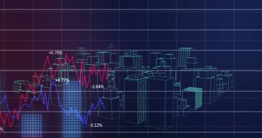 Arka planda üç boyutlu şehir manzarası modelinin finansal veri işleme görüntüsü. Küresel finans sektörü arayüzü kavramı dijital olarak oluşturulmuş görüntü.