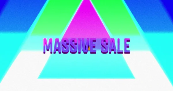 Bild Von Massivem Verkaufstext Leuchtenden Lila Buchstaben Über Neonfarbenen Dreiecken — Stockfoto