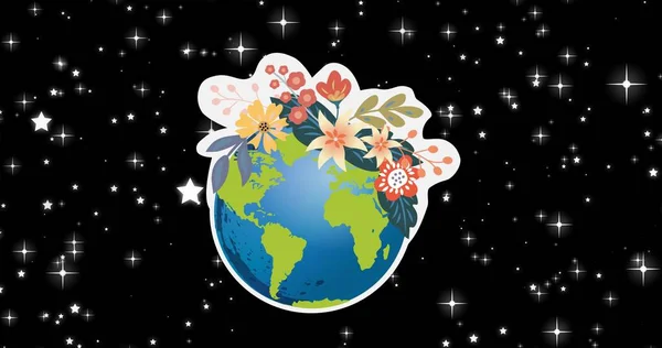 Yıldızlı Gece Arkaplanındaki Çiçekli Küre Kompozisyonu Küresel Koruma Dünya Günü — Stok fotoğraf