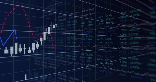 股票市场上的绿色 粉色和蓝色股票的图片和图表 价格在黑色背景的股票交易所上下波动 — 图库照片