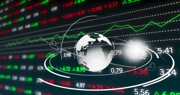 Pénzügyi Adatok Feldolgozásának Képe Ikonnal Való Kapcsolatok Hálózatának Gömbje Globális — Stock Fotó