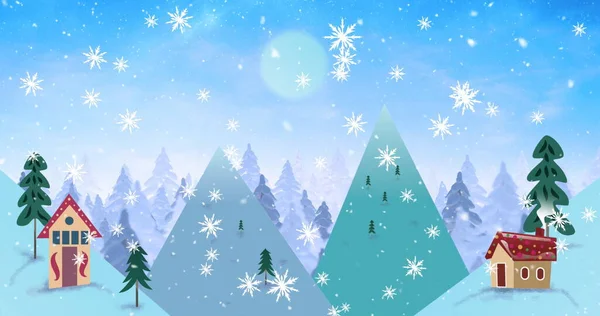 窓から雪が降っているモミの木の枝や冬のクリスマスの風景のクリスマスの装飾のイメージ クリスマスお祝いのコンセプトデジタル生成されたイメージ — ストック写真