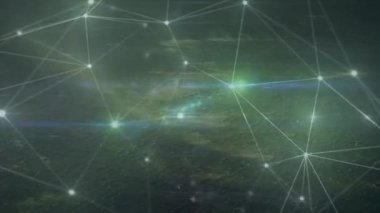 Manzara üzerindeki bağlantı ağlarının animasyonu. küresel bağlantılar, dijital arayüz, dijital olarak oluşturulan veri işleme konsepti.