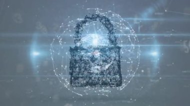 Veri işleme ve parlayan ışıklarla dönen küresel ağ üzerindeki ağ asma kilidinin animasyonu. küresel iletişim ağı, dijital güvenlik ve veri paylaşım konsepti dijital olarak oluşturulmuş video.