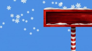 Noel tabelasının üzerine düşen karların animasyonu. Kopya alanı olan tahta tabela. Noel ve kutlama konsepti dijital olarak oluşturulmuş video.