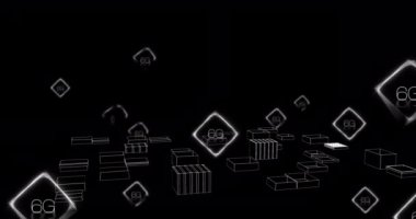 Şehir manzarasında 6G metnin animasyonu. küresel iş, bağlantılar, veri işleme ve teknoloji konsepti dijital olarak oluşturulmuş video.