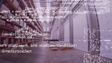 Boş bir depoda veri işleme animasyonu. küresel sevkiyat, dağıtım ve bağlantılar konsepti dijital olarak oluşturulmuş video.