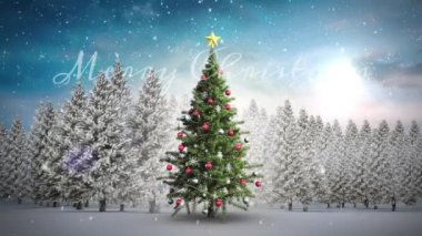 Noel ağacı ve kış manzarasıyla ilgili mutlu noel mesajlarının animasyonu. Noel, gelenek ve kutlama konsepti dijital olarak oluşturuldu.