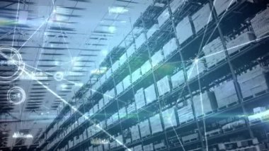 Depodaki rafların üzerinden bağlantı ağının animasyonu. küresel gönderim ve bağlantılar konsepti dijital olarak oluşturulmuş video.