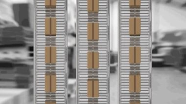 Karton kutuların depodaki taşıma bantlarında hareket etmesi. küresel gönderim ve bağlantılar konsepti dijital olarak oluşturulmuş video.