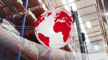 Depodaki rafların üzerinden bağlantı ağının animasyonu. küresel gönderim ve bağlantılar konsepti dijital olarak oluşturulmuş video.