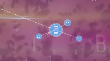 Koronavirüs hücreleri üzerindeki bağlantı ağının animasyonu. küresel bağlantılar, dijital arayüz, teknoloji ve ağ konsepti dijital olarak oluşturulmuş video.