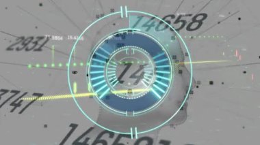 Grafik üzerinde geri sayım ve gri üzerinde veri işleme olan dairesel tarayıcının animasyonu. küresel iş iletişimi dijital arayüz konsepti dijital olarak oluşturulmuş video.