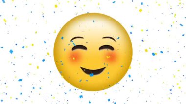Düşen konfeti üzerine mutlu emoji ikonu animasyonu. küresel sosyal medya ve iletişim konsepti dijital olarak oluşturulmuş video.