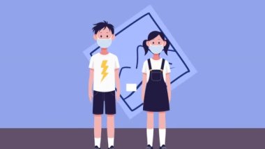 Sosyal mesafeyi koruyan maskeli kız ve oğlanın animasyonu. küresel covid 19 salgın hastalık ve sağlık hizmetleri konsepti dijital olarak oluşturulmuş video.