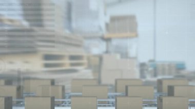 Depodaki taşıma bantlarındaki kutuların üzerinden veri işleme animasyonu. küresel sevkiyat, dağıtım ve bağlantılar konsepti dijital olarak oluşturulmuş video.