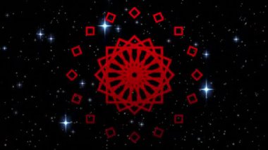 Siyah zemin üzerinde parıldayan beyaz yıldızların üzerinde hareket eden kırmızı kaleydoskopik şekil animasyonu. bağlantı, enerji ve hareket kavramı dijital olarak oluşturulmuş video.