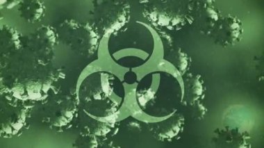 Uyarı işaretinin üzerinde uçan covid 19 hücrenin animasyonu. küresel covid 19 salgın, ilaç ve sağlık hizmetleri konsepti dijital olarak oluşturulmuş video.